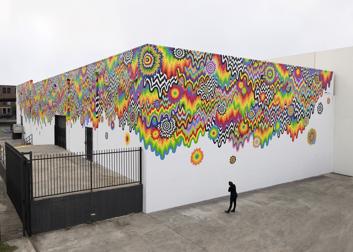 Chromatic Cascade, 2017, latex paint, approx, 200 x 27 ft Mural located in the Arts District, Los Angeles CA