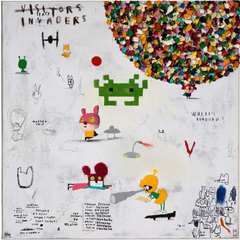 (From Trespassing, 2021) EDGAR PLANS, "Invaders", 2018
| Estimate: $20,000-30,000 Price Realized: $162,500 | Auction record for the artist