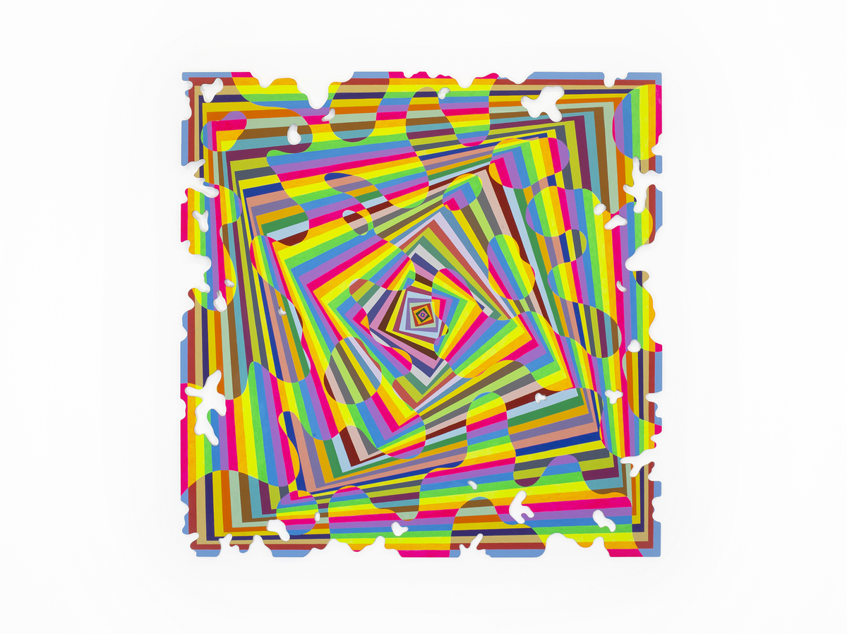Square Refraction, 2021, acrylic on CNC cut aluminum, 58 x 58 x 0.25 in