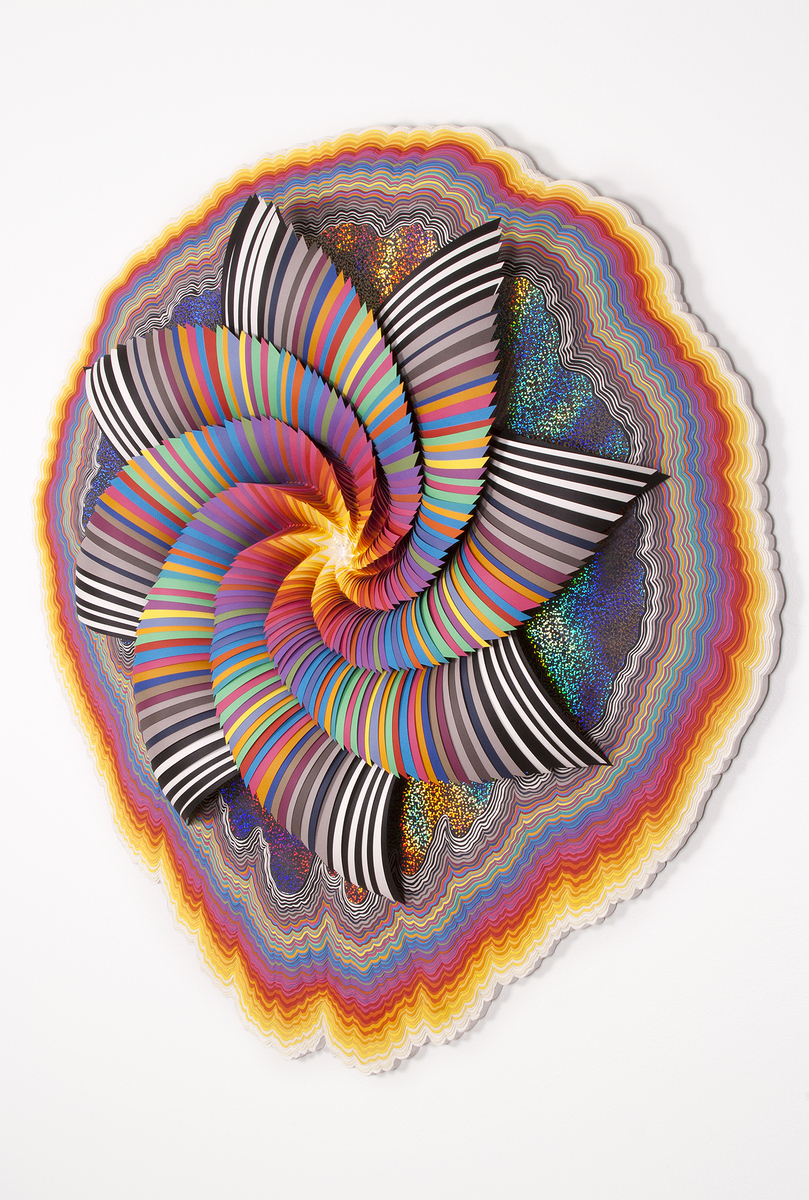 Cosmographic, 2014, acid-free paper, holographic paper, glue, wood, acrylic, paint, 37 x 34 x 4 in