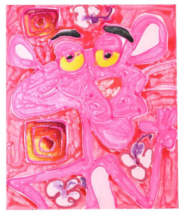 (From Trespassing, 2021) KATHERINE BERNHARDT, Pink Panther + Instagram + Orchids, 2016 | Estimate: $20,000-30,000 |
Price Realized: $125,000 | World Auction Record for the Artist
